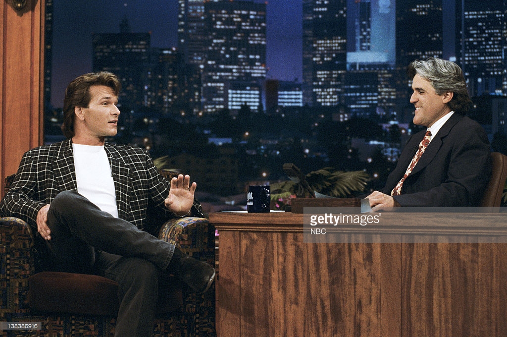 THE TONIGHT SHOW WITH JAY LENO -- Episode 733 -- Pictured: (l-r) Actor Patrick Swayze during an interview with host Jay Leno on July 20, 1995 -- Photo by: Margaret Norton/NBCU Photo Bank